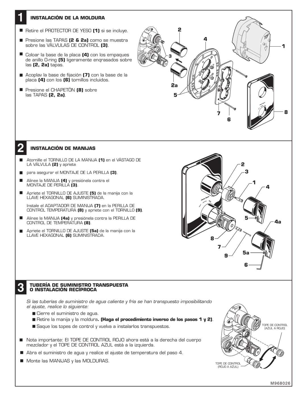 American Standard T506.740 Instalación DE LA Moldura, Instalación DE Manijas, Tubería DE Suministro Transpuesta 