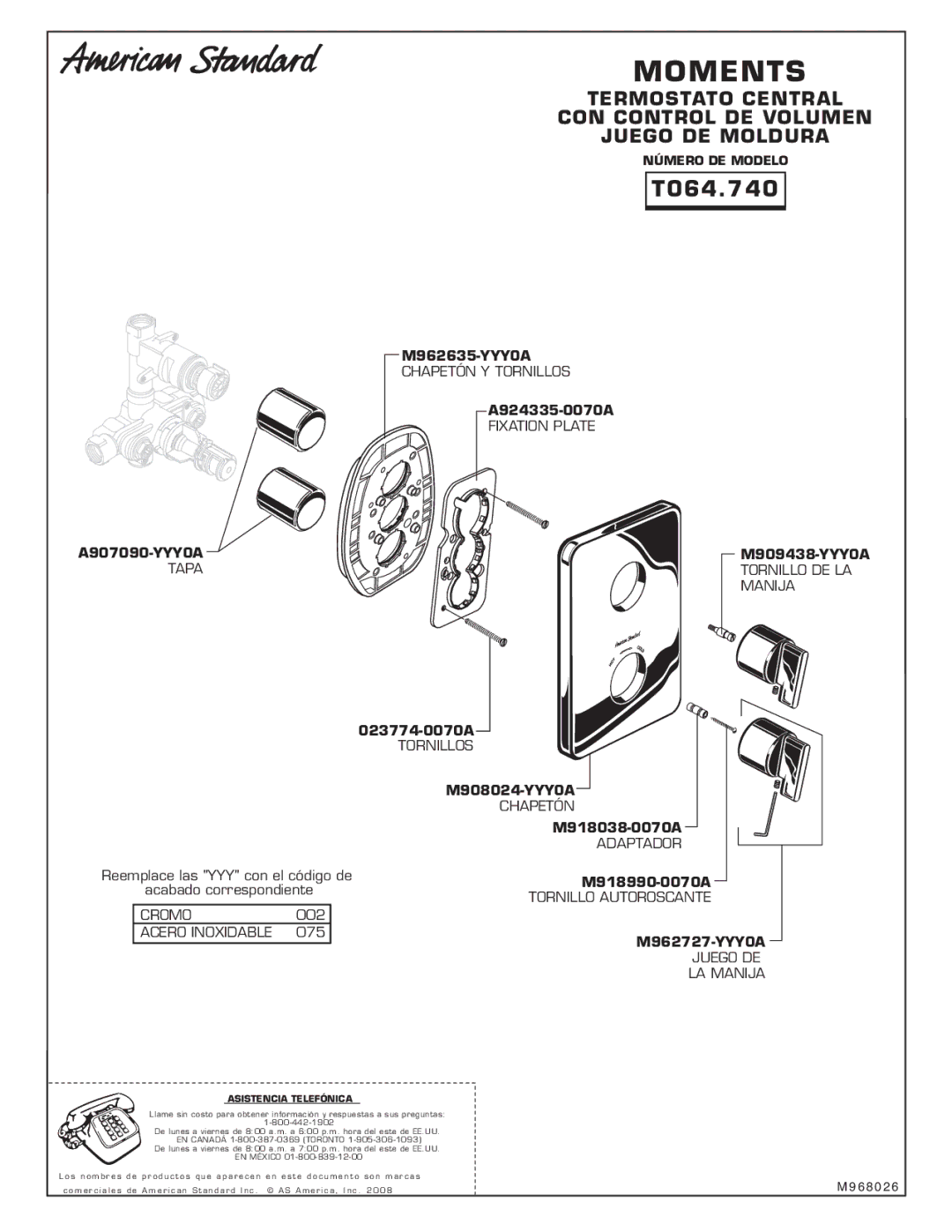 American Standard T506.740 installation instructions Juego DE LA Manija, Asistencia Telefónica 