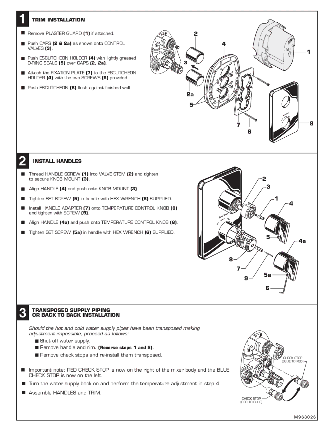 American Standard T506.740 Trim Installation, Install Handles, Transposed Supply Piping or Back to Back Installation 