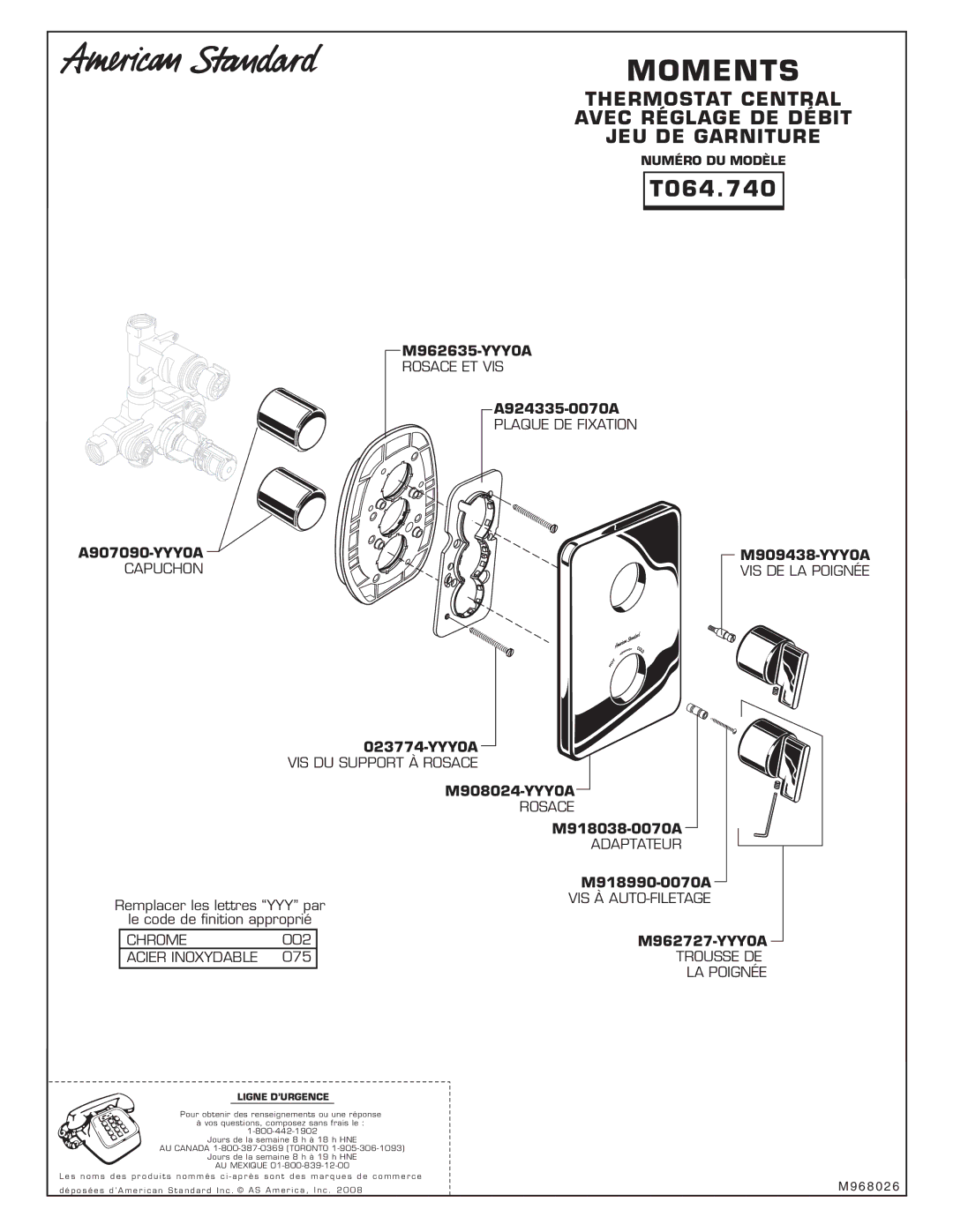 American Standard T506.740 installation instructions T064.740, Ligne D’URGENCE 