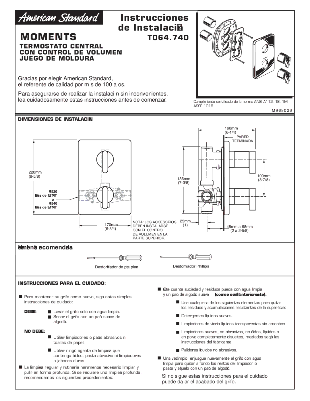 American Standard T506.740 Termostato Central CON Control DE Volumen Juego DE Moldura, Herramientas recomendadas 