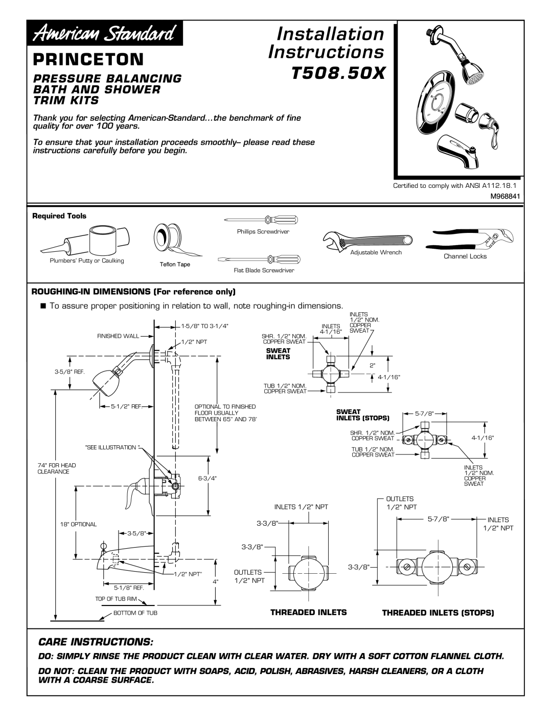 American Standard T508.50X installation instructions ROUGHING-IN DIMENSIONS For reference only, Installation, Instructions 