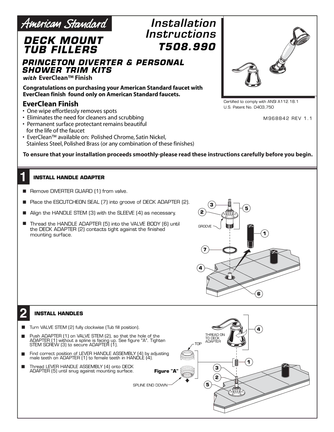 American Standard T508.990 installation instructions Install Handle Adapter, Install Handles 