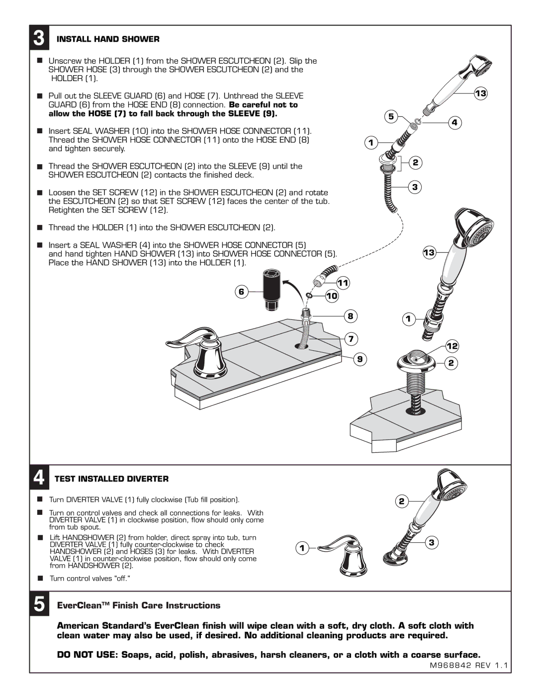 American Standard T508.990 installation instructions Install Hand Shower, Test Installed Diverter 