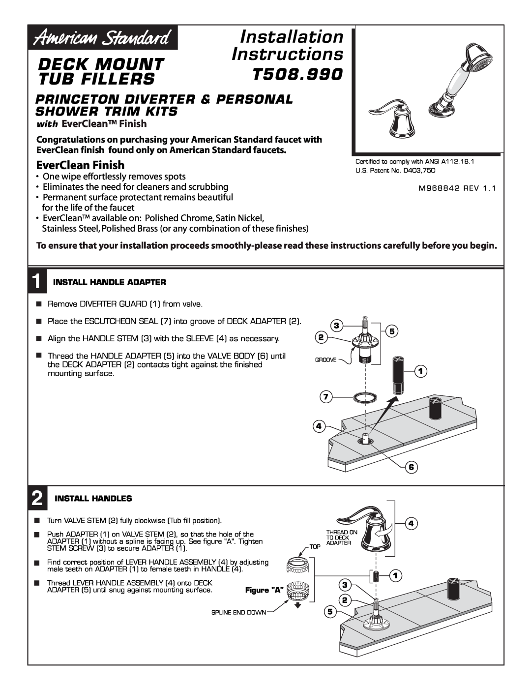 American Standard T508.990 installation instructions Installation, Instructions, Deck Mount, Tub Fillers, EverClean Finish 