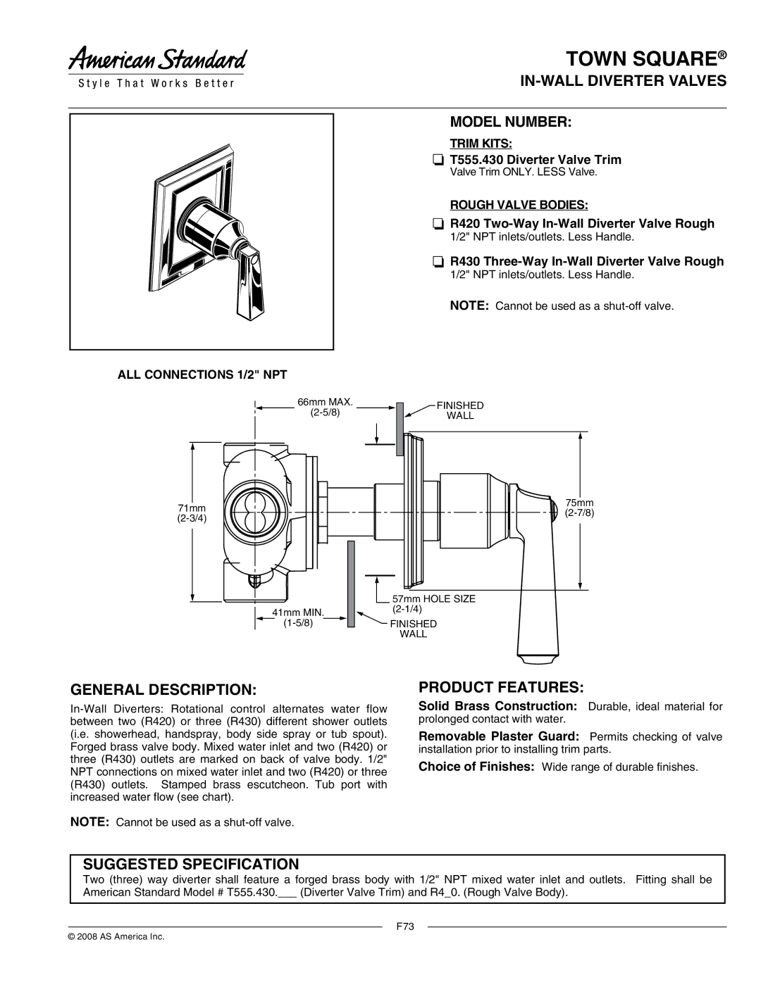 American Standard T555.430 manual IN-WALL Diverter Valves Model Number, General Description, Product Features 