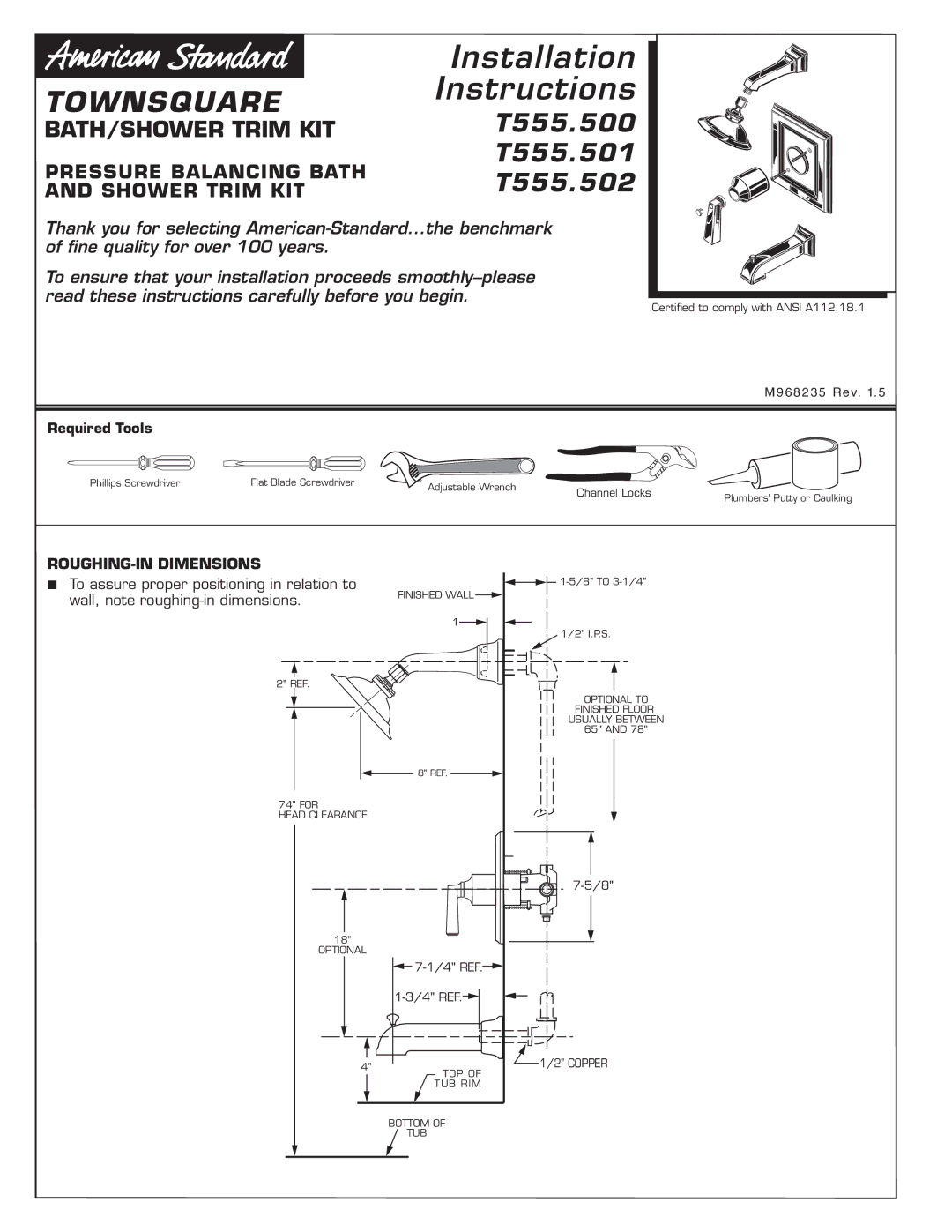 American Standard T555.501, T555.502, T555.500 installation instructions Instructions, ROUGHING-IN Dimensions 