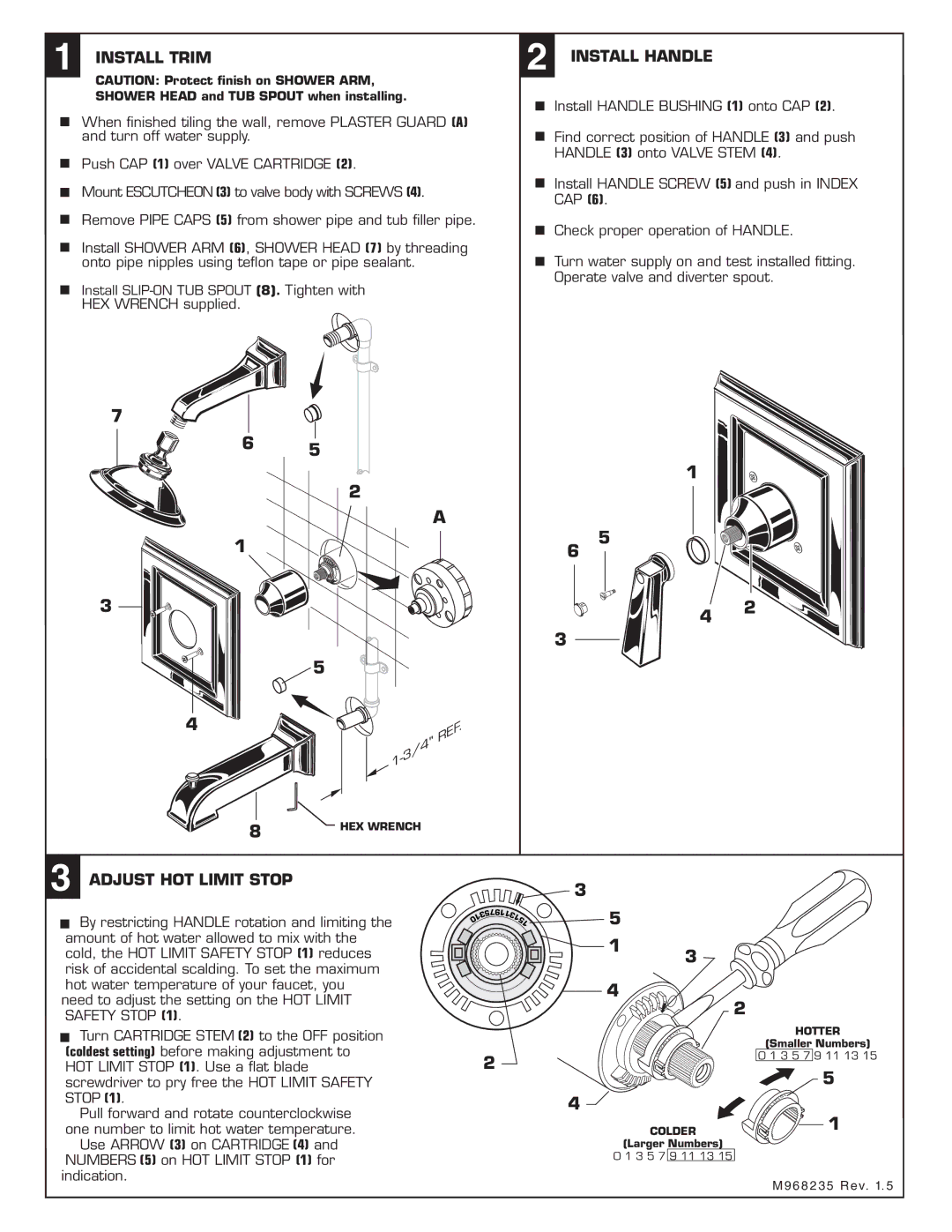 American Standard T555.500, T555.502, T555.501 installation instructions Install Trim, Install Handle, Adjust HOT Limit Stop 