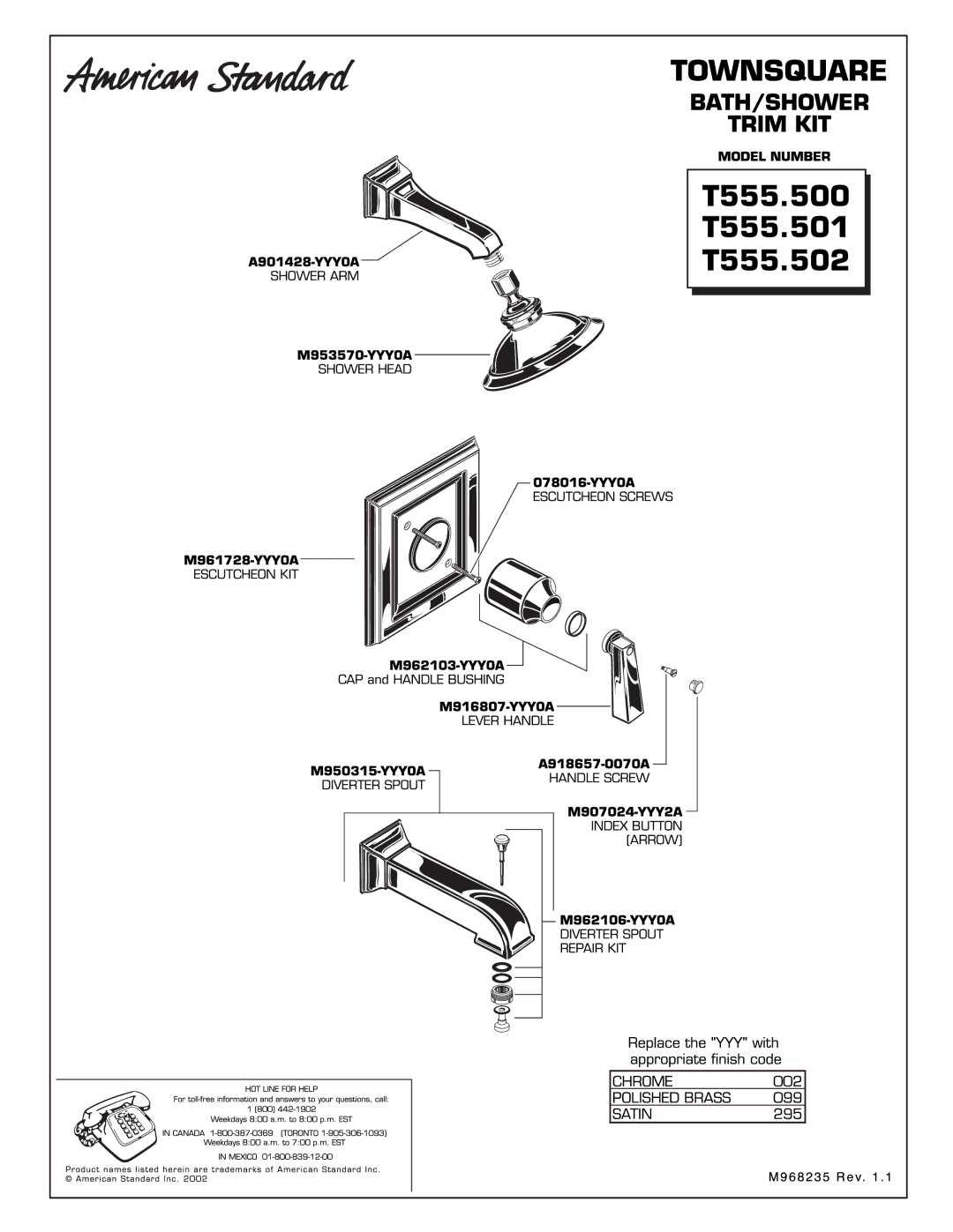 American Standard T555.501, T555.502, T555.500 manual 