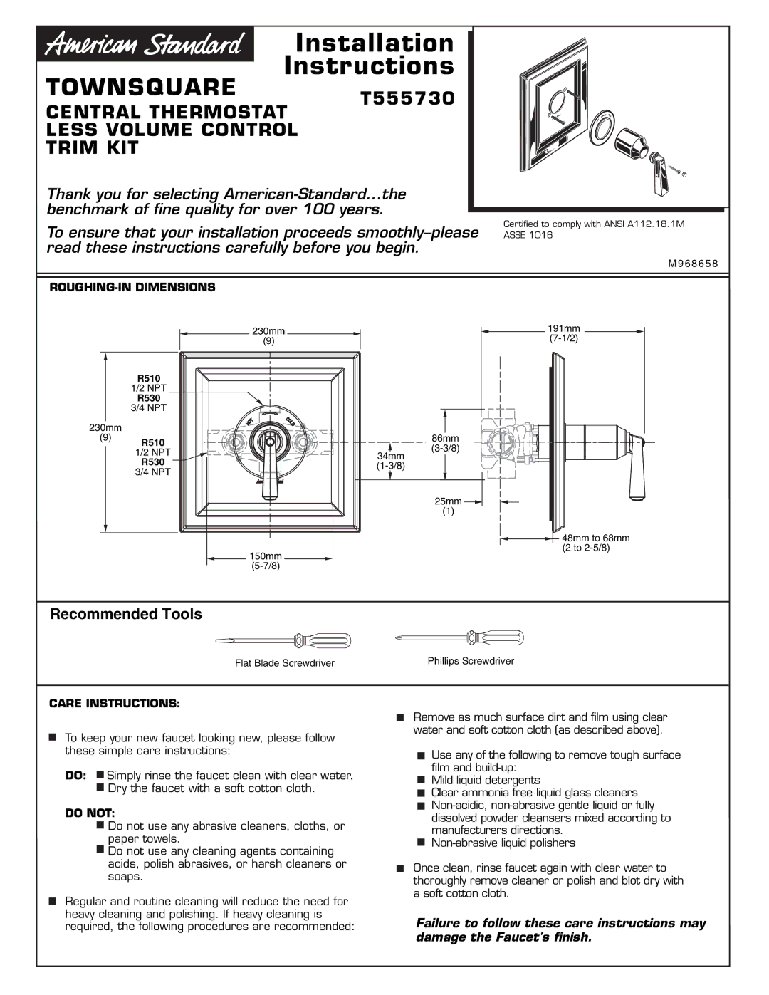 American Standard installation instructions Townsquare T555730, ROUGHING-IN Dimensions, Care Instructions, Do not 