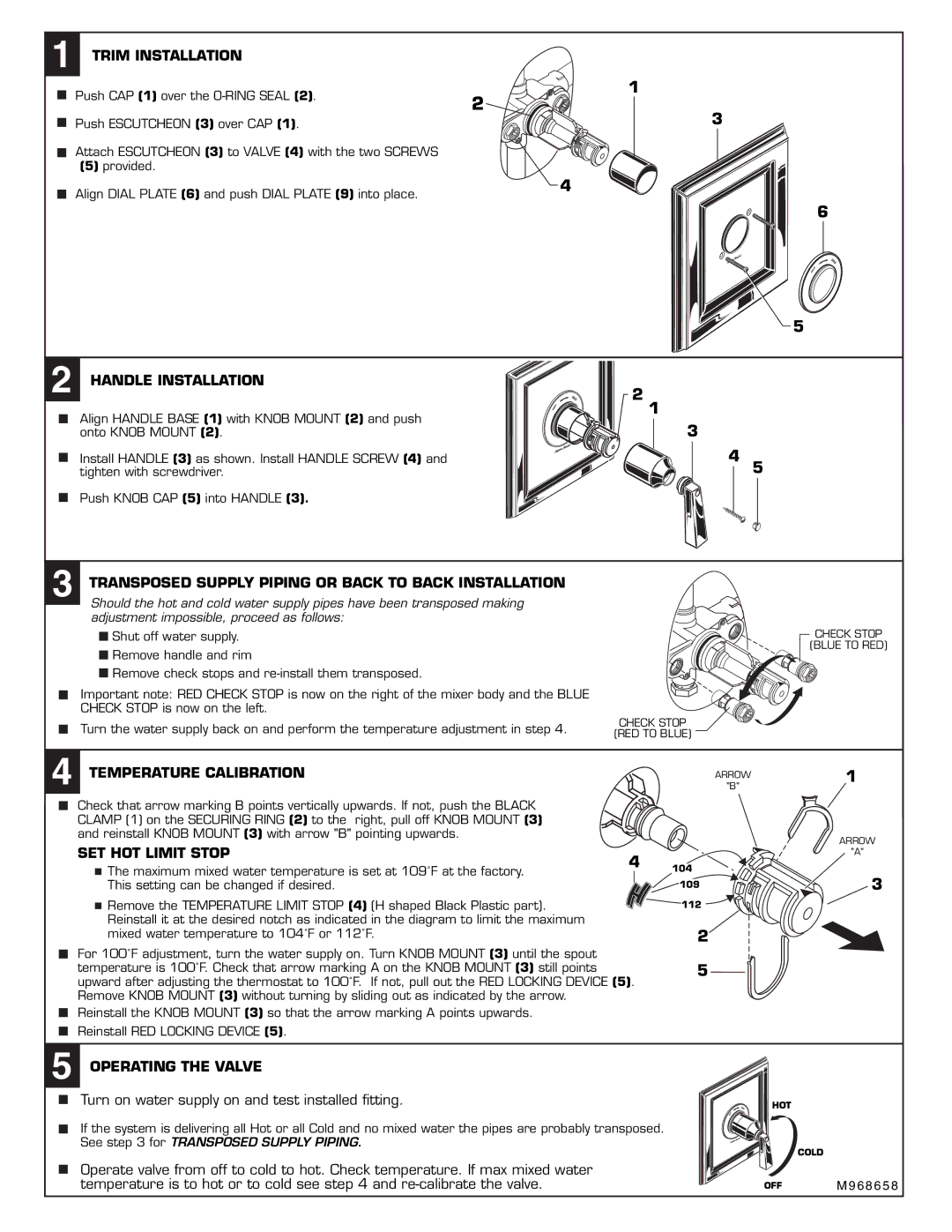 American Standard T555730 Trim Installation, Handle Installation, Transposed Supply Piping or Back to Back Installation 