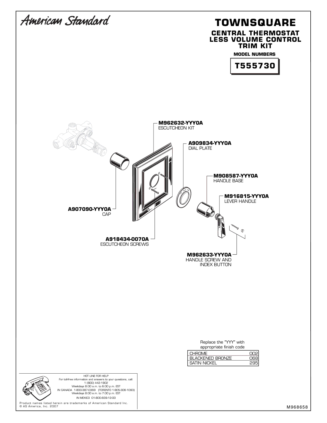 American Standard T555730 installation instructions Townsquare 