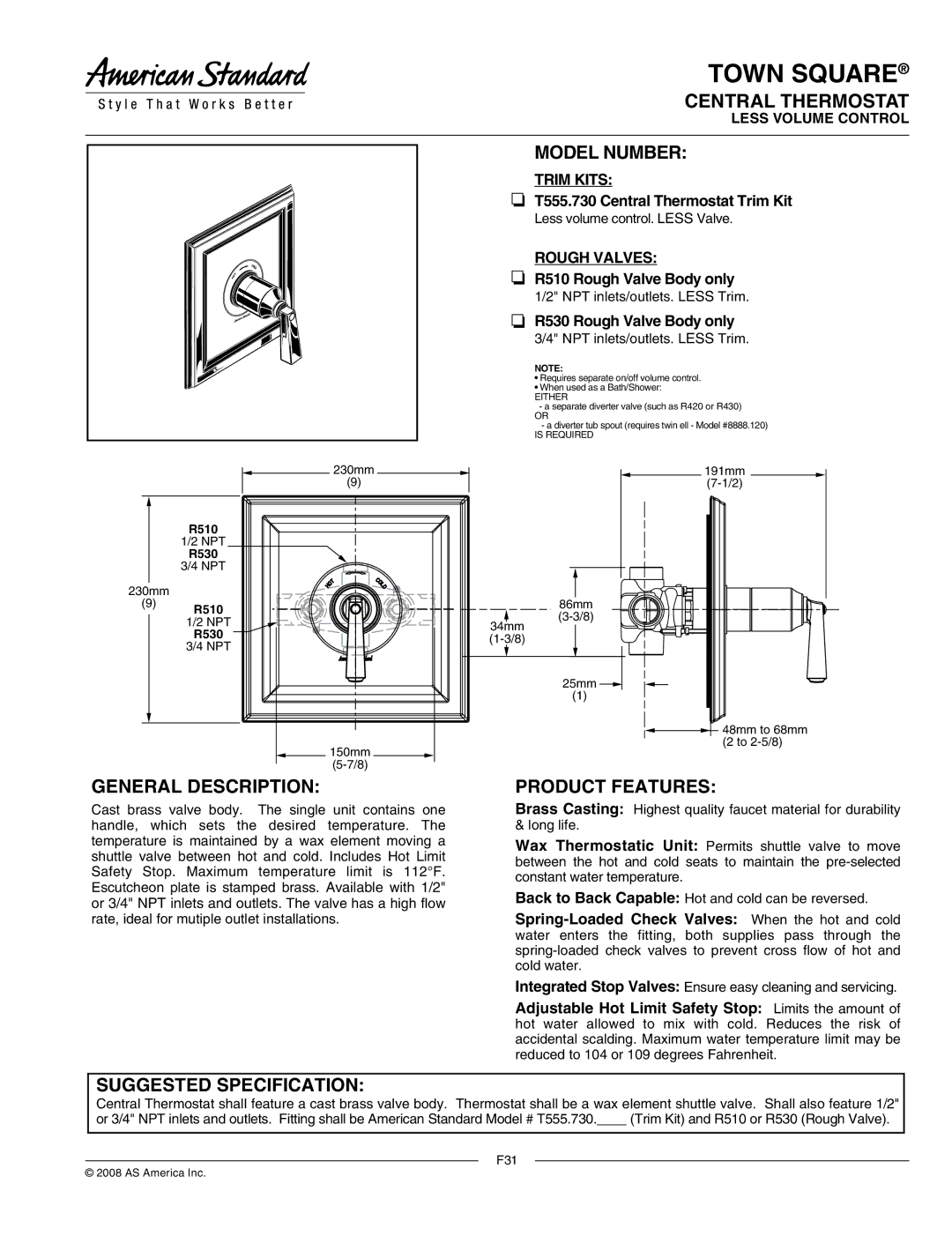 American Standard T555.730 manual Central Thermostat, Model Number, General Description, Product Features 