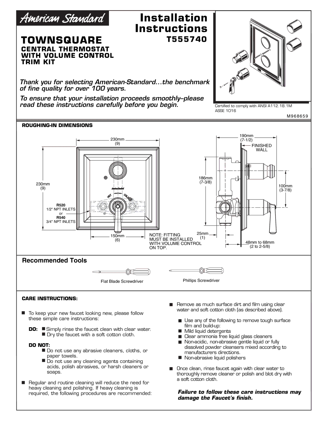 American Standard T555740 installation instructions ROUGHING-IN Dimensions, Care Instructions, Do not 