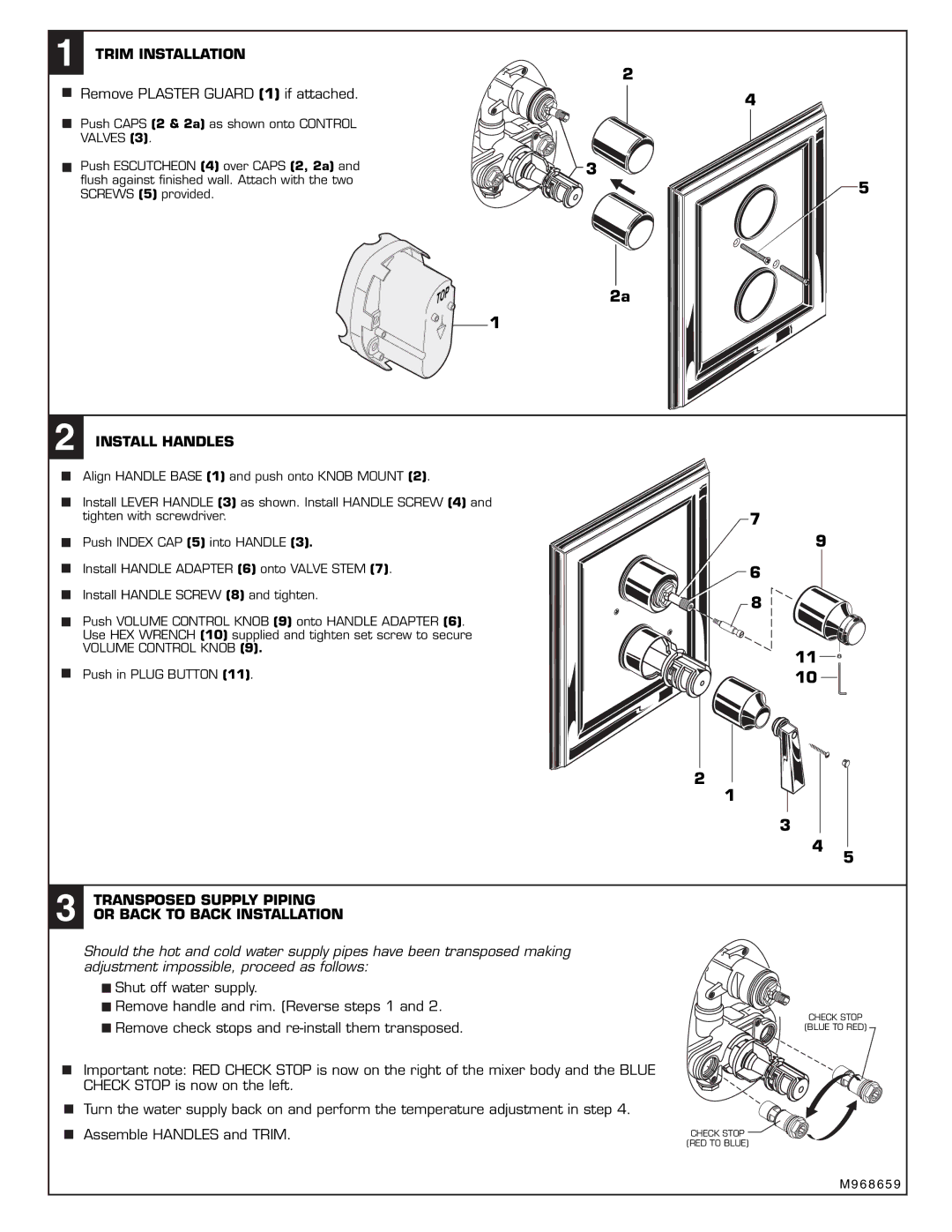 American Standard T555740 Trim Installation, Install Handles, Transposed Supply Piping or Back to Back Installation 