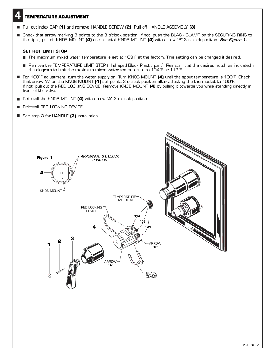 American Standard T555740 installation instructions Temperature Adjustment, SET HOT Limit Stop 