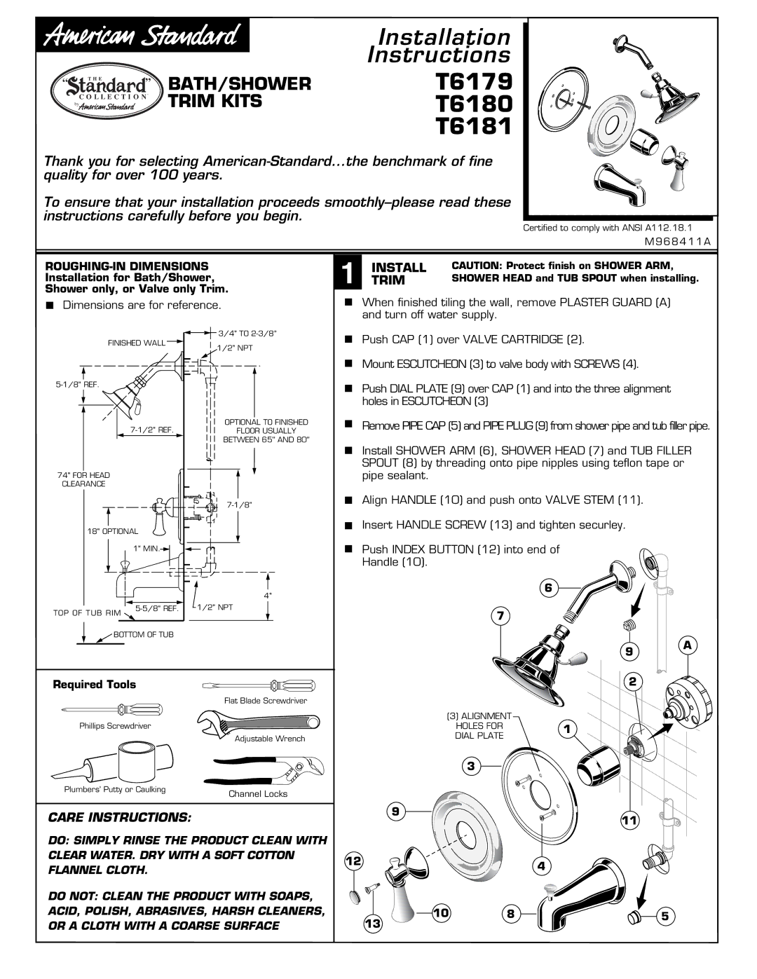 American Standard T6179, T6180, T6181 installation instructions ROUGHING-IN Dimensions, Triminstall 