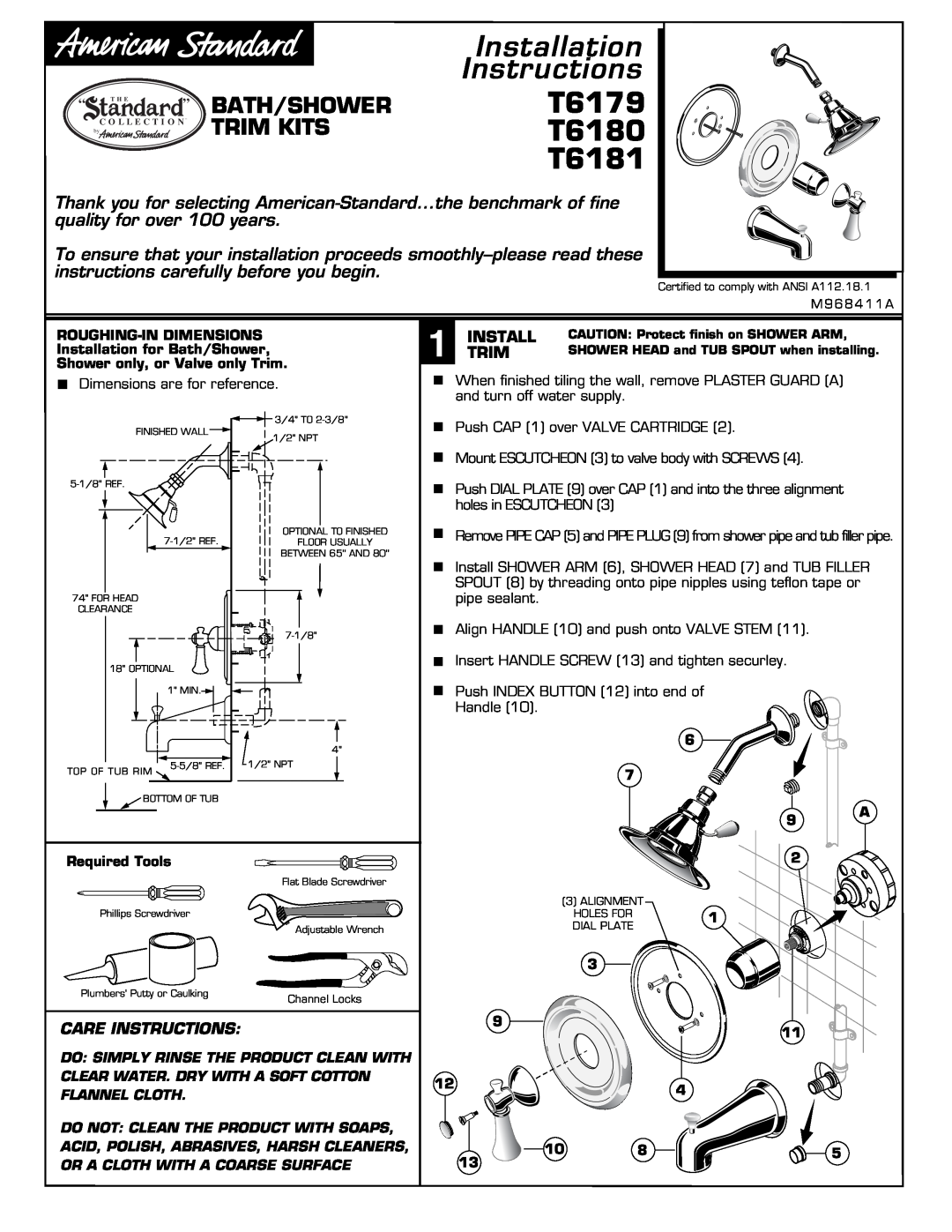 American Standard installation instructions T6179 T6180 T6181, Bath/Shower Trim Kits, Installation Instructions 