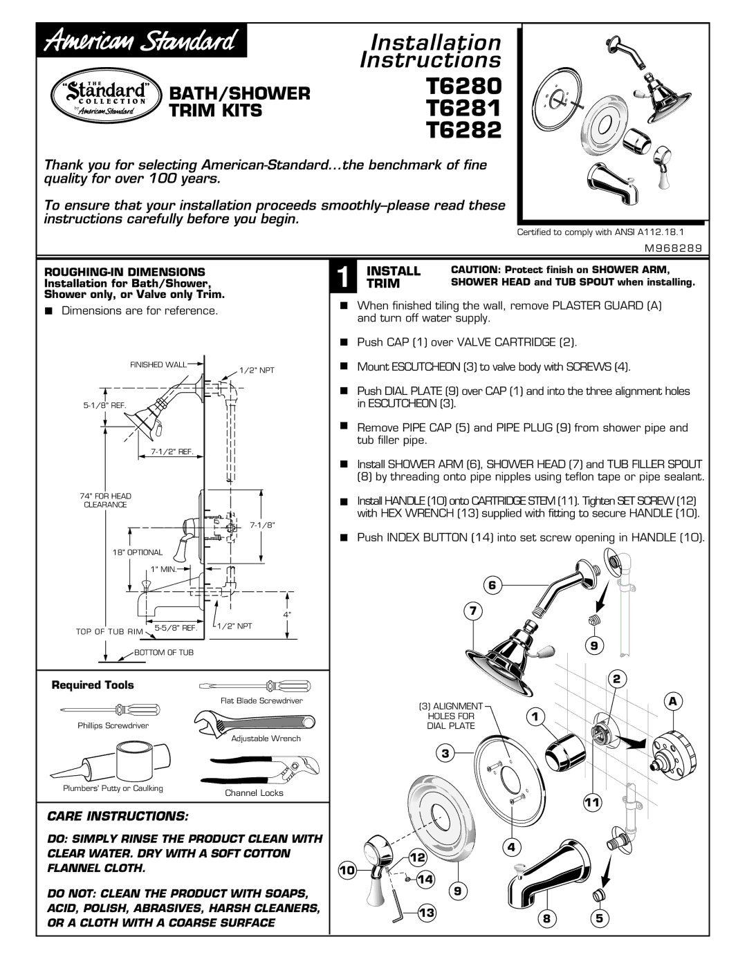 American Standard installation instructions T6280 T6281 T6282, Install Trim 