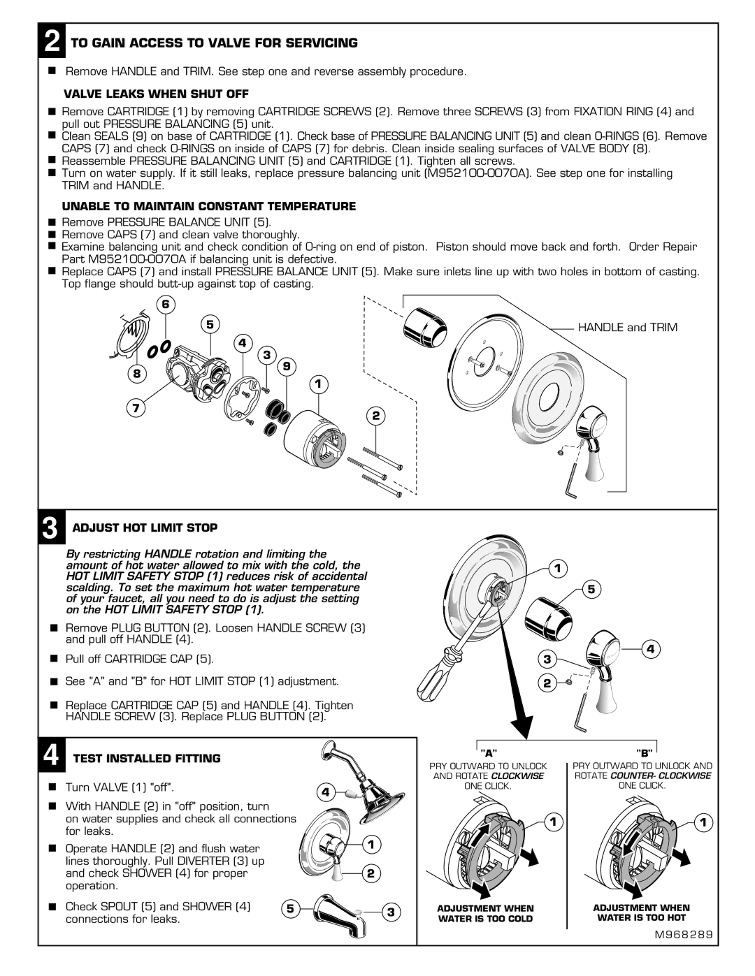 American Standard T6281, T6280 To Gain Access to Valve for Servicing, Valve Leaks When Shut OFF, Adjust HOT Limit Stop 