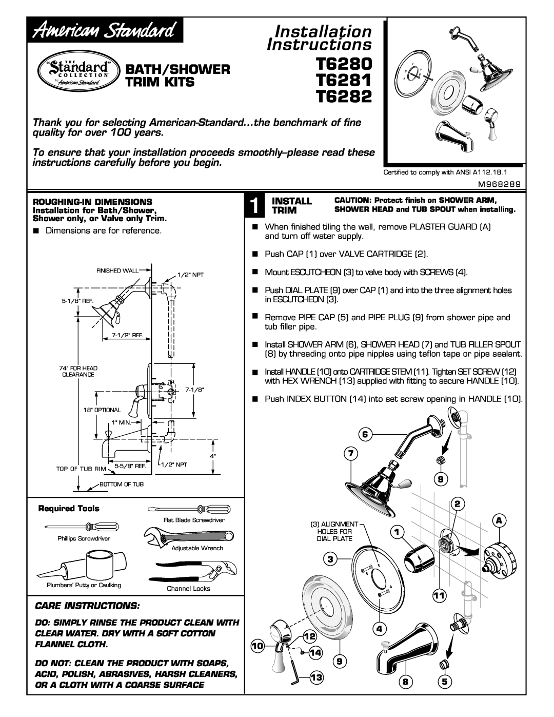American Standard installation instructions T6280 T6281 T6282, Bath/Shower Trim Kits, Installation Instructions 