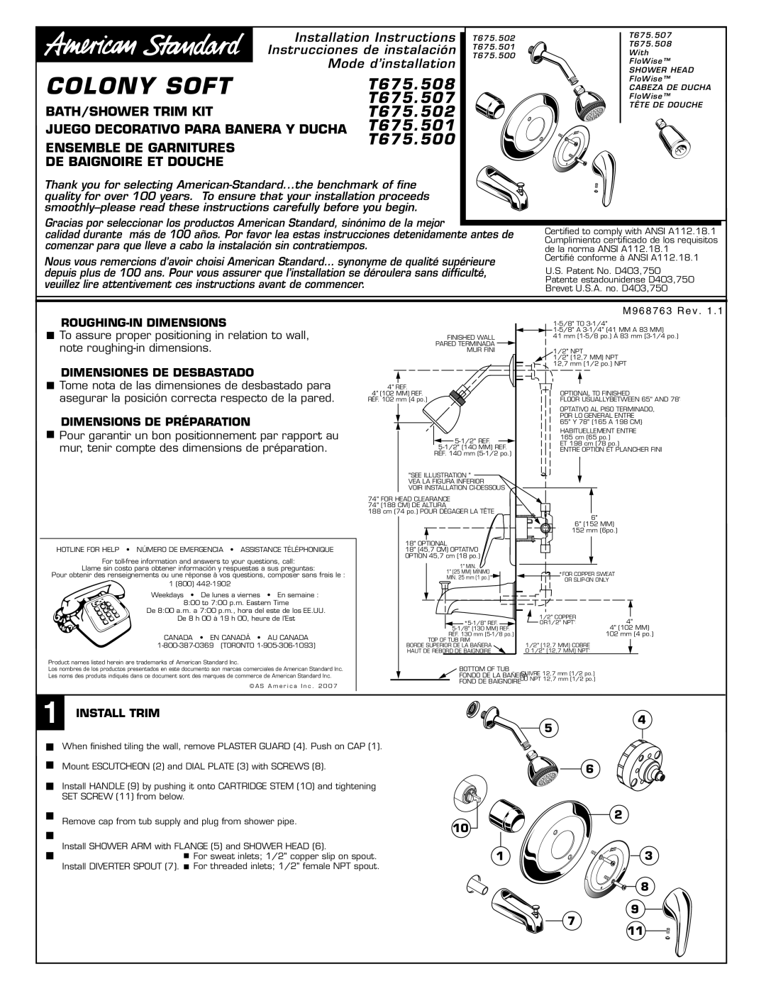 American Standard T675.501 dimensions ROUGHING-IN Dimensions, Dimensiones DE Desbastado, Dimensions DE Préparation 