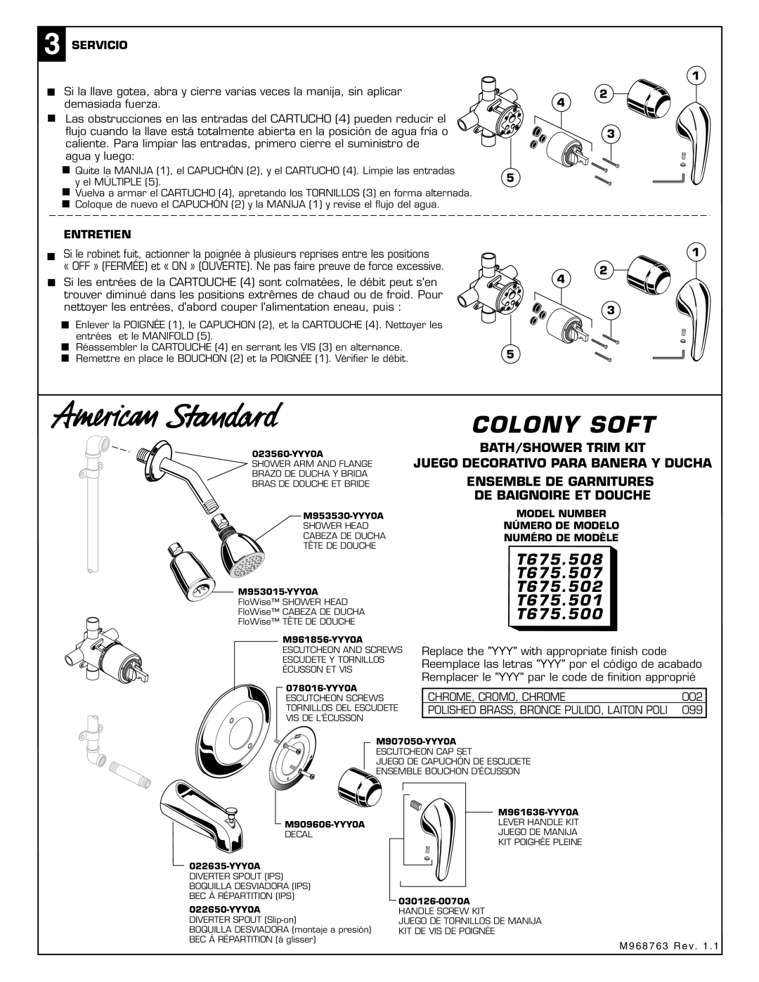 American Standard T675.508, T675.502, T675.501, T675.507, T675.500 dimensions Servicio, Entretien 