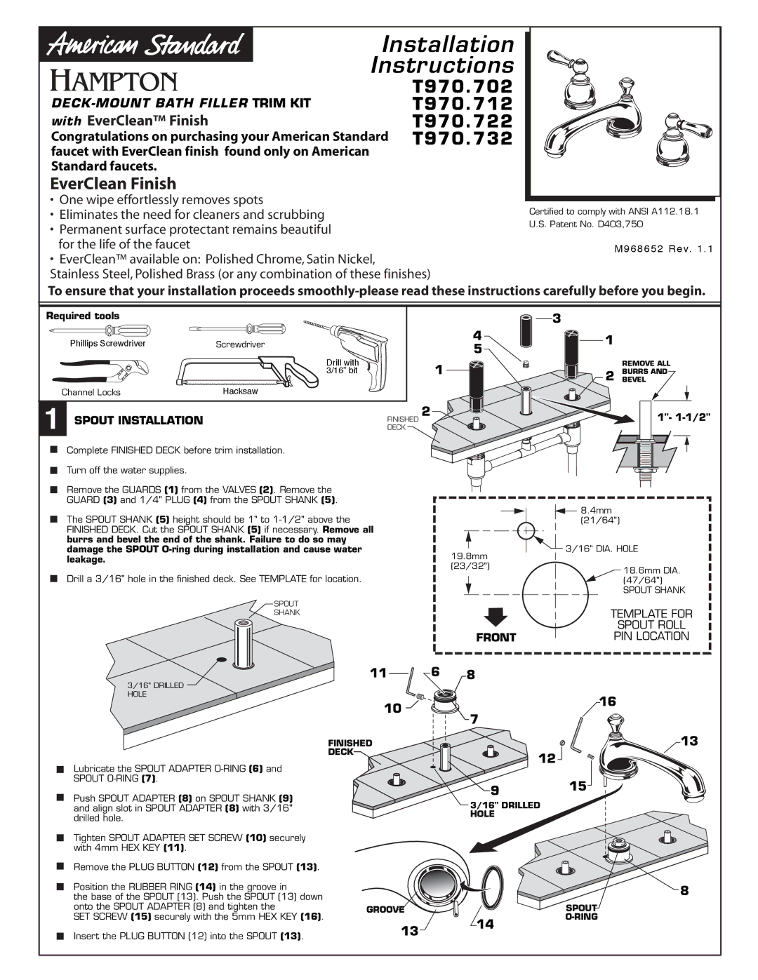 American Standard T970.702, T970.712, T970.732 installation instructions Spout Installation, Spout Roll PIN Location 