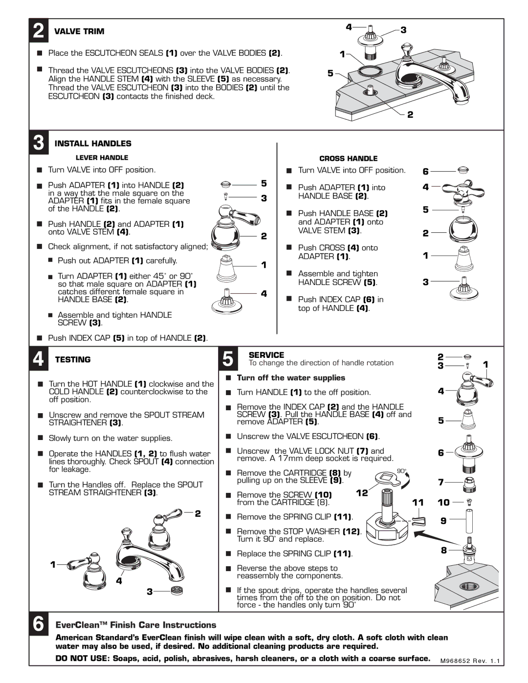 American Standard T970.732, T970.712, T970.702, T970.722 Valve Trim, Install Handles, Service Testing 