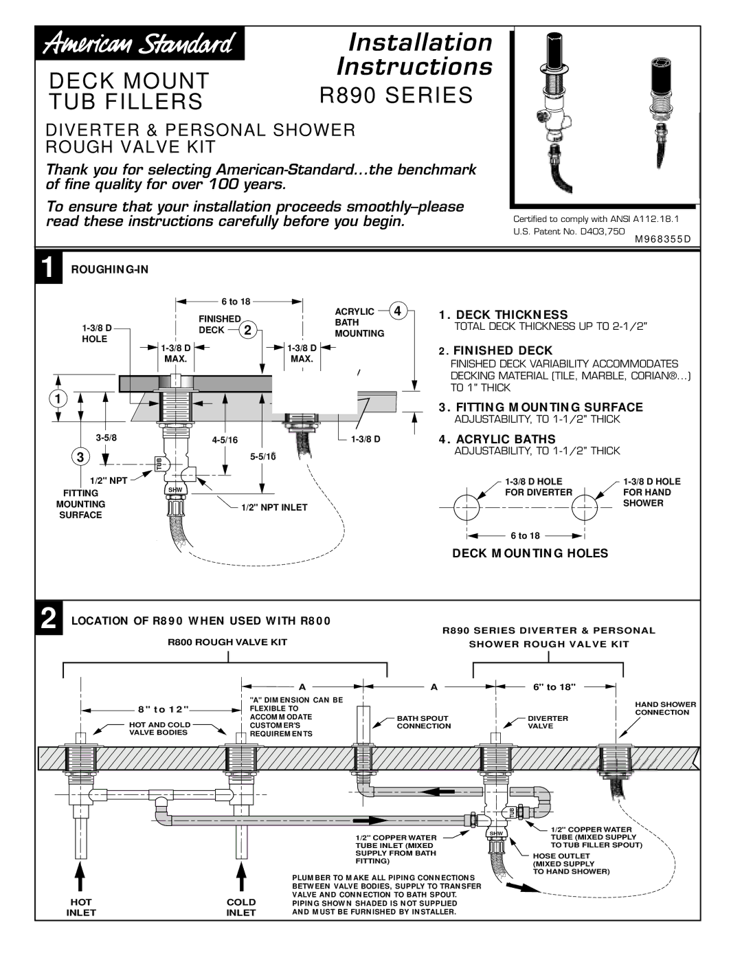 American Standard T975.400 BP, T975.500BP Diverter & Personal Shower Rough Valve KIT, Location of R890 When Used with R800 