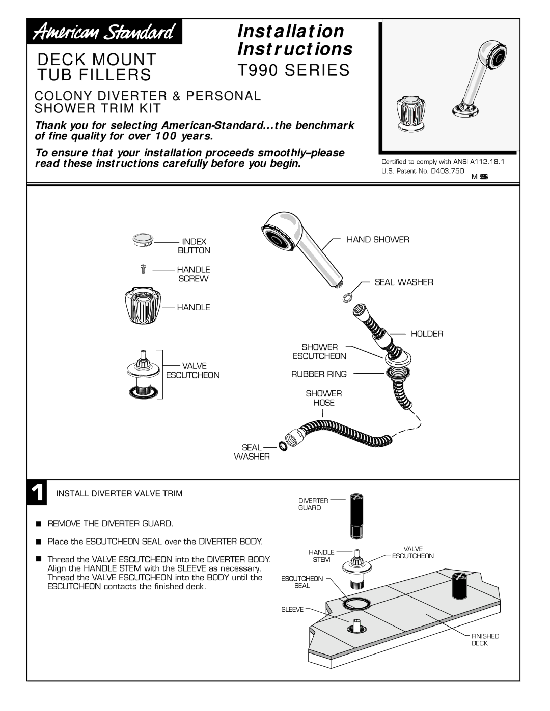 American Standard T975.500BP, T975.400 BP Colony Diverter & Personal Shower Trim KIT, Install Diverter Valve Trim 