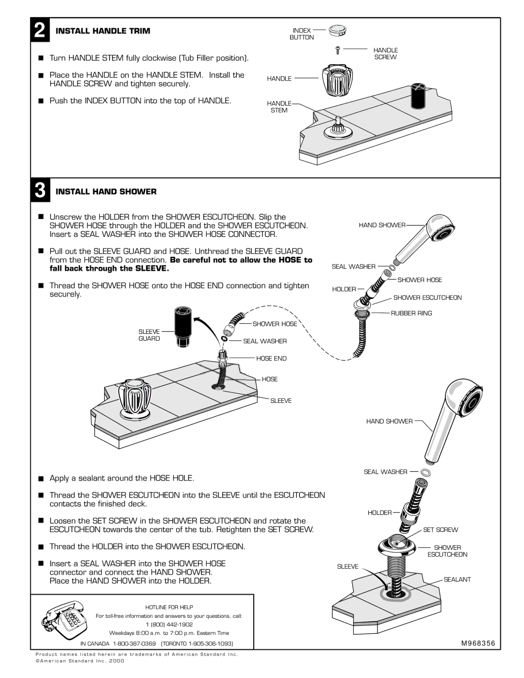 American Standard T975.400 BP, T975.500BP installation instructions Install Handle Trim, Fall back through the Sleeve 