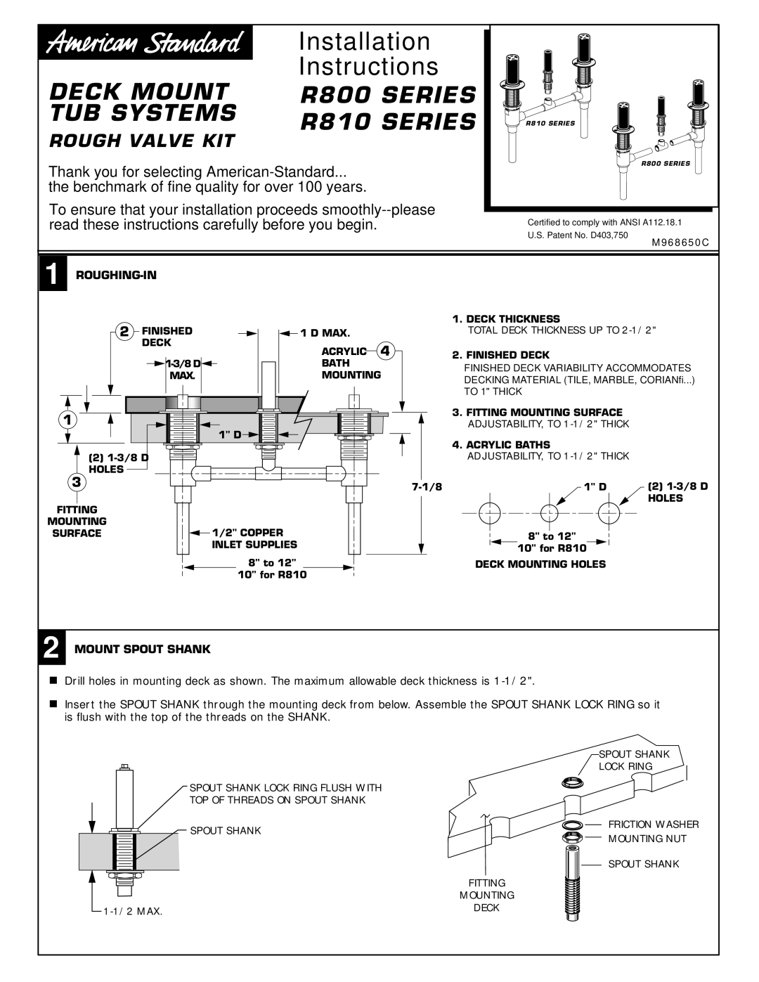 American Standard T975.500BP, T975.400 BP installation instructions Rough Valve KIT, Roughing-In, Mount Spout Shank 