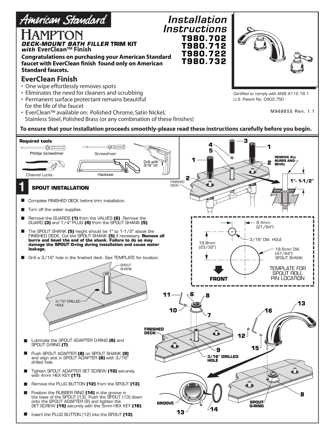 American Standard T980.732, T980.702, T980.712, T980.722 installation instructions Spout Installation, Front 