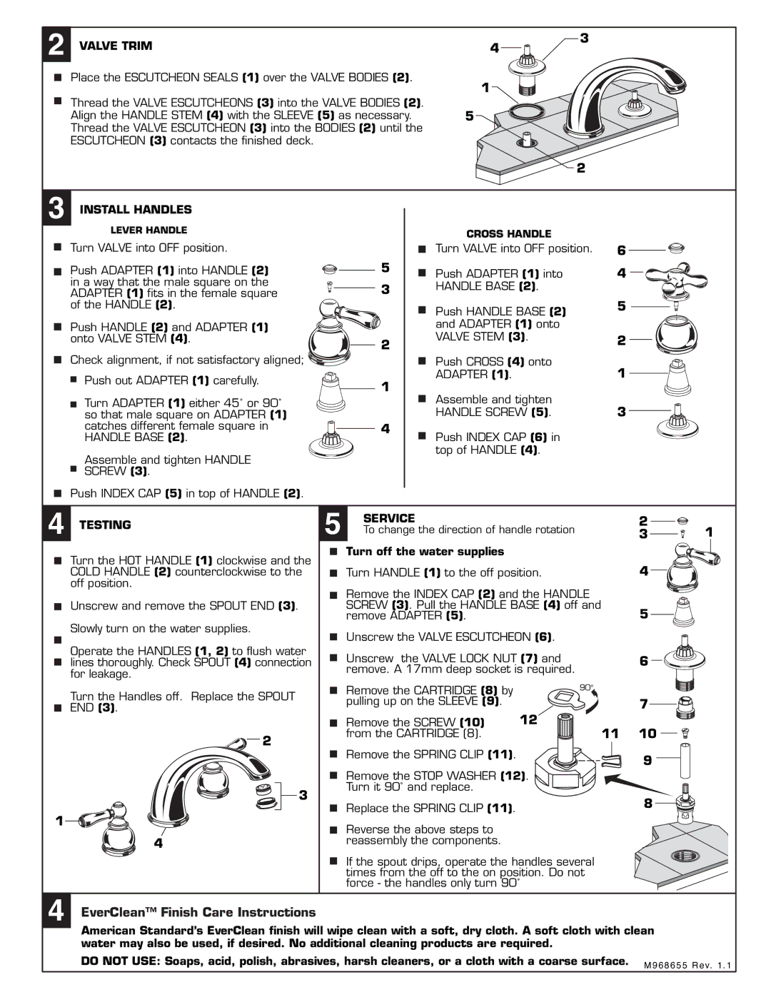 American Standard T980.712, T980.702, T980.732, T980.722 Valve Trim, Install Handles, Service Testing 