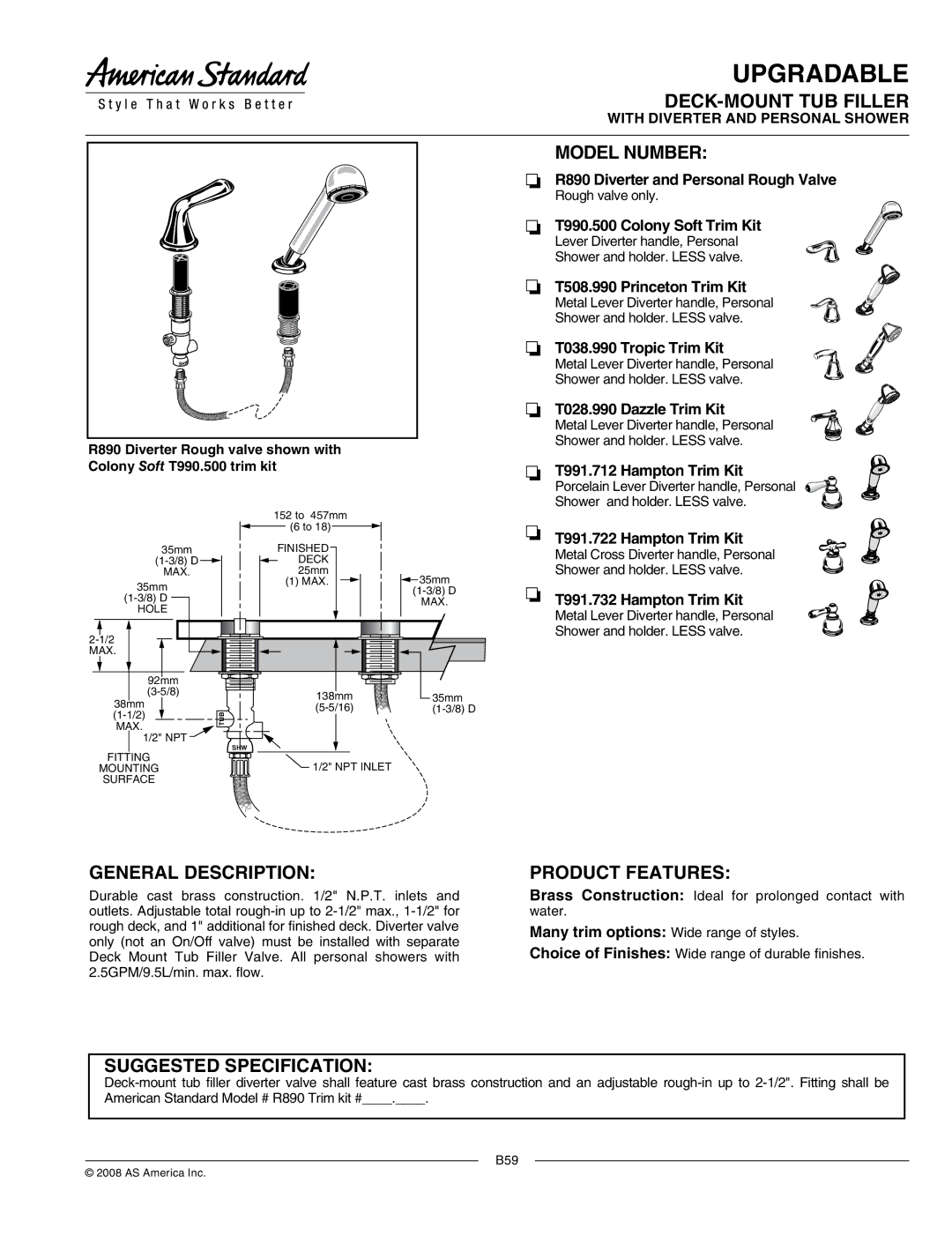 American Standard T991.732, T990.500 manual DECK-MOUNT TUB Filler, Model Number, General Description, Product Features 