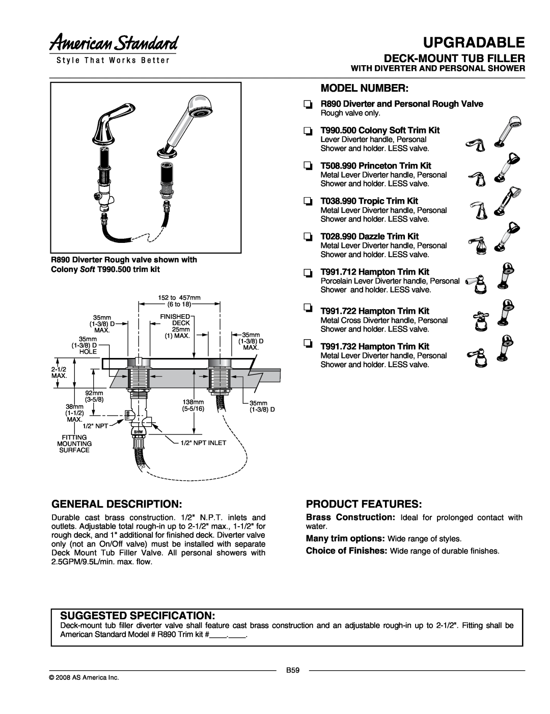 American Standard T991.732 manual Upgradable, Deck-Mounttub Filler, Model Number, General Description, Product Features 