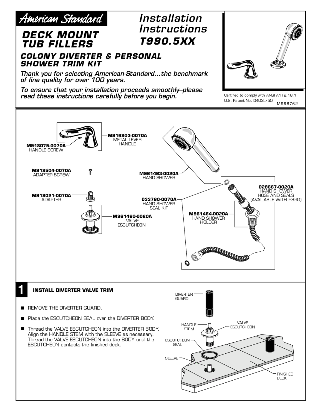 American Standard T990.5XX installation instructions Install Diverter Valve Trim, Diverter Guard Handle Valve 