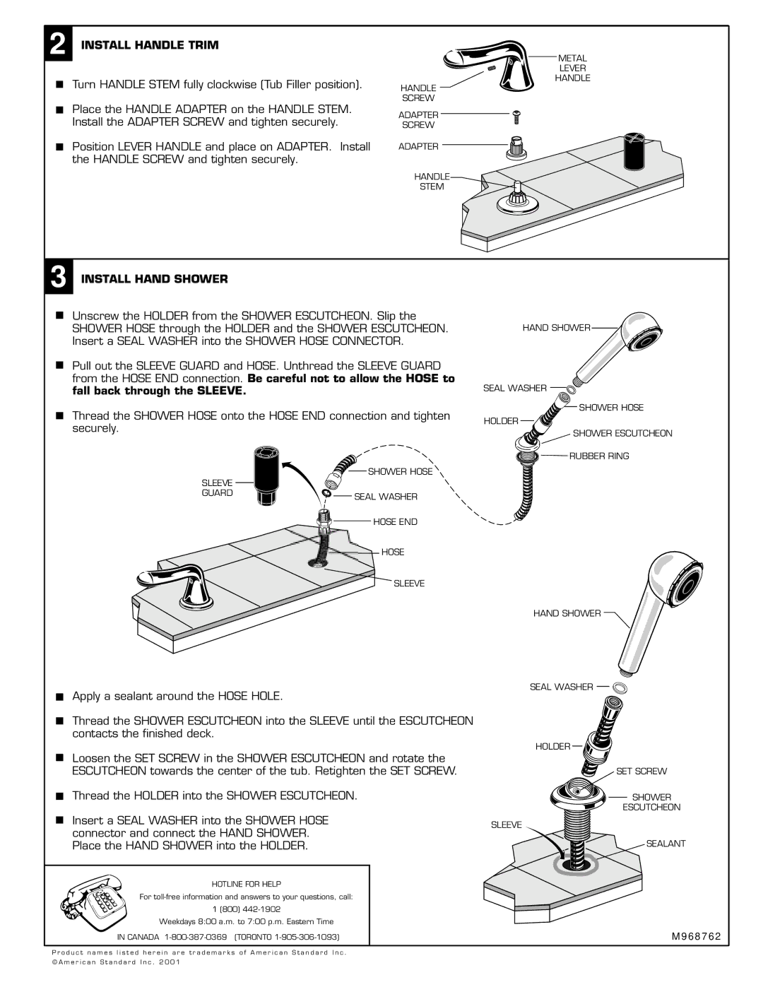 American Standard T990.5XX installation instructions Install Handle Trim, Apply a sealant around the Hose Hole 