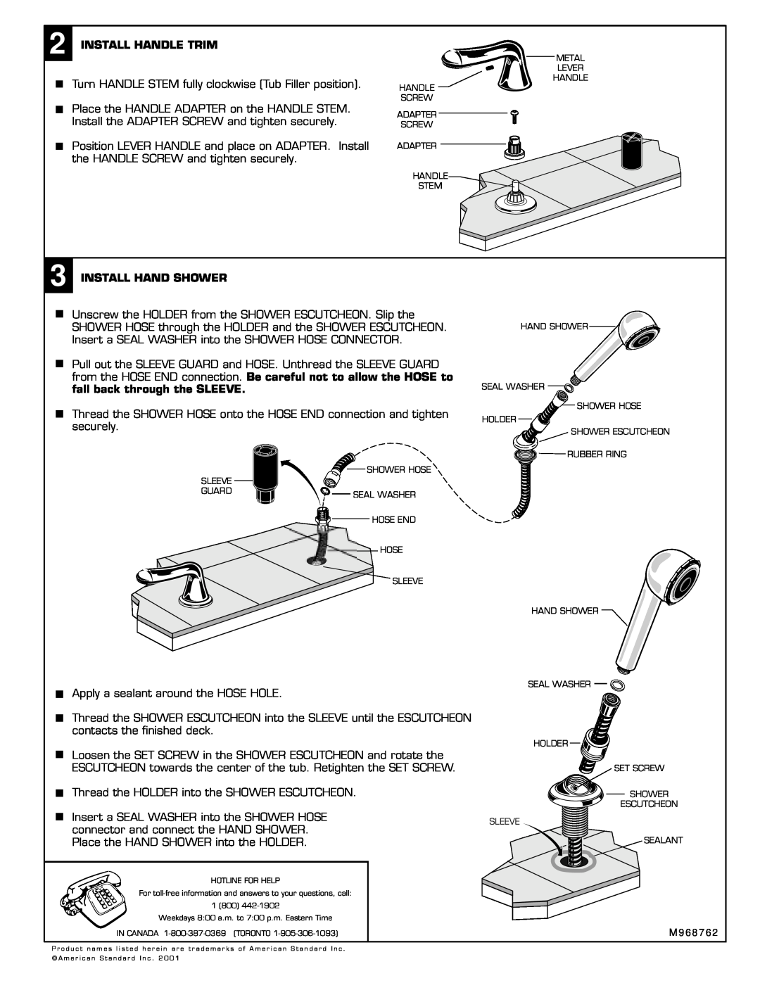 American Standard T990.5XX installation instructions Install Handle Trim, fall back through the SLEEVE 