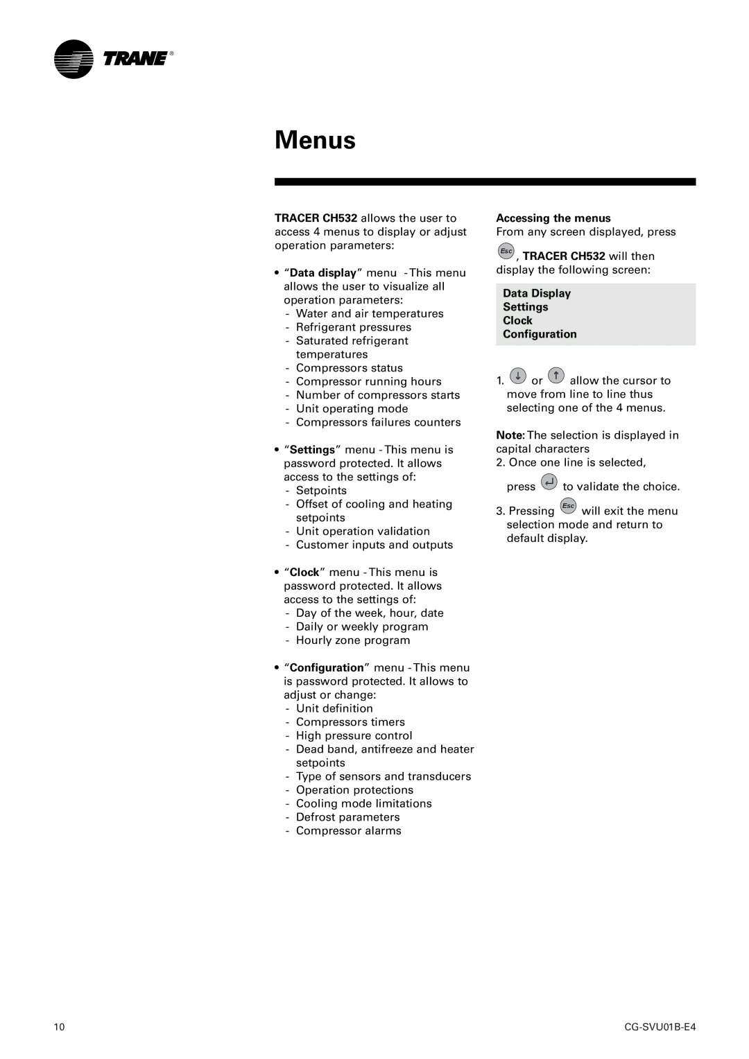 American Standard TRACER CH532 manual Menus, Accessing the menus 