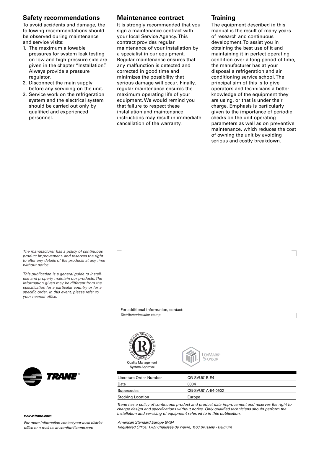 American Standard TRACER CH532 manual Safety recommendations 