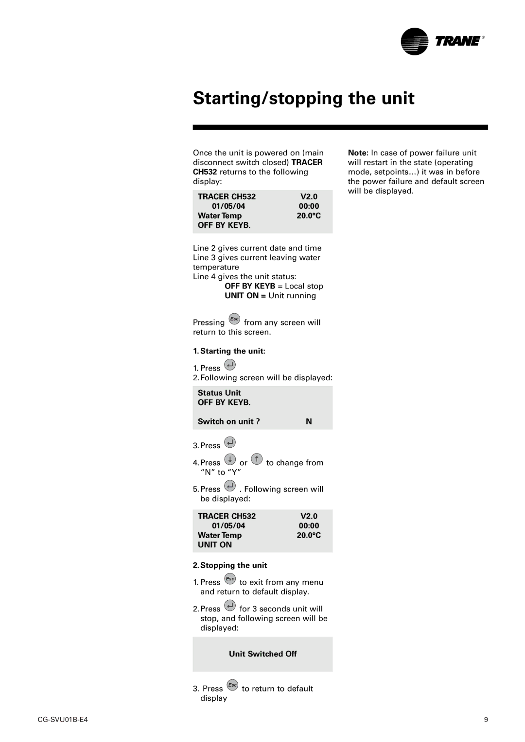 American Standard TRACER CH532 manual Starting/stopping the unit 