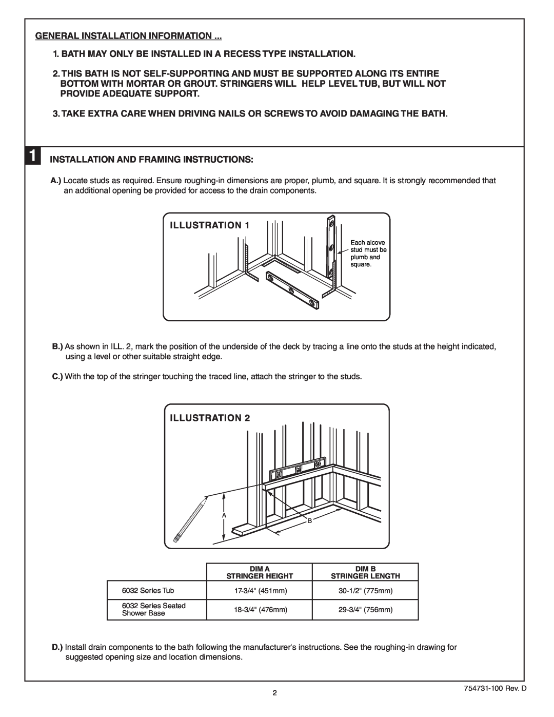 American Standard 6032 Series Seated Shower Base, Tub, Seated Shower Base Illustration, General Installation Information 