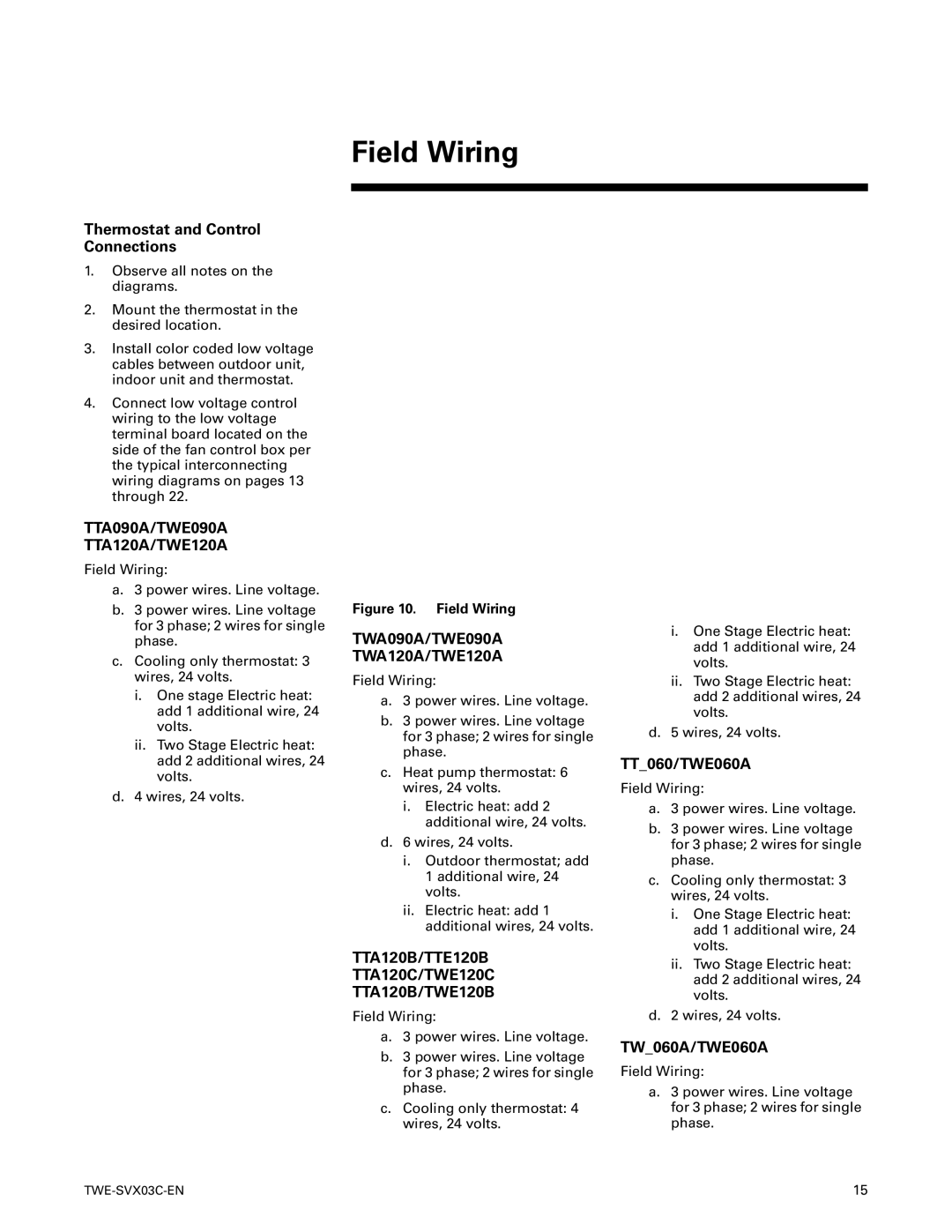 American Standard TWE240B***F, TWE200BD**F Field Wiring, Thermostat and Control Connections, TT060/TWE060A, TW060A/TWE060A 
