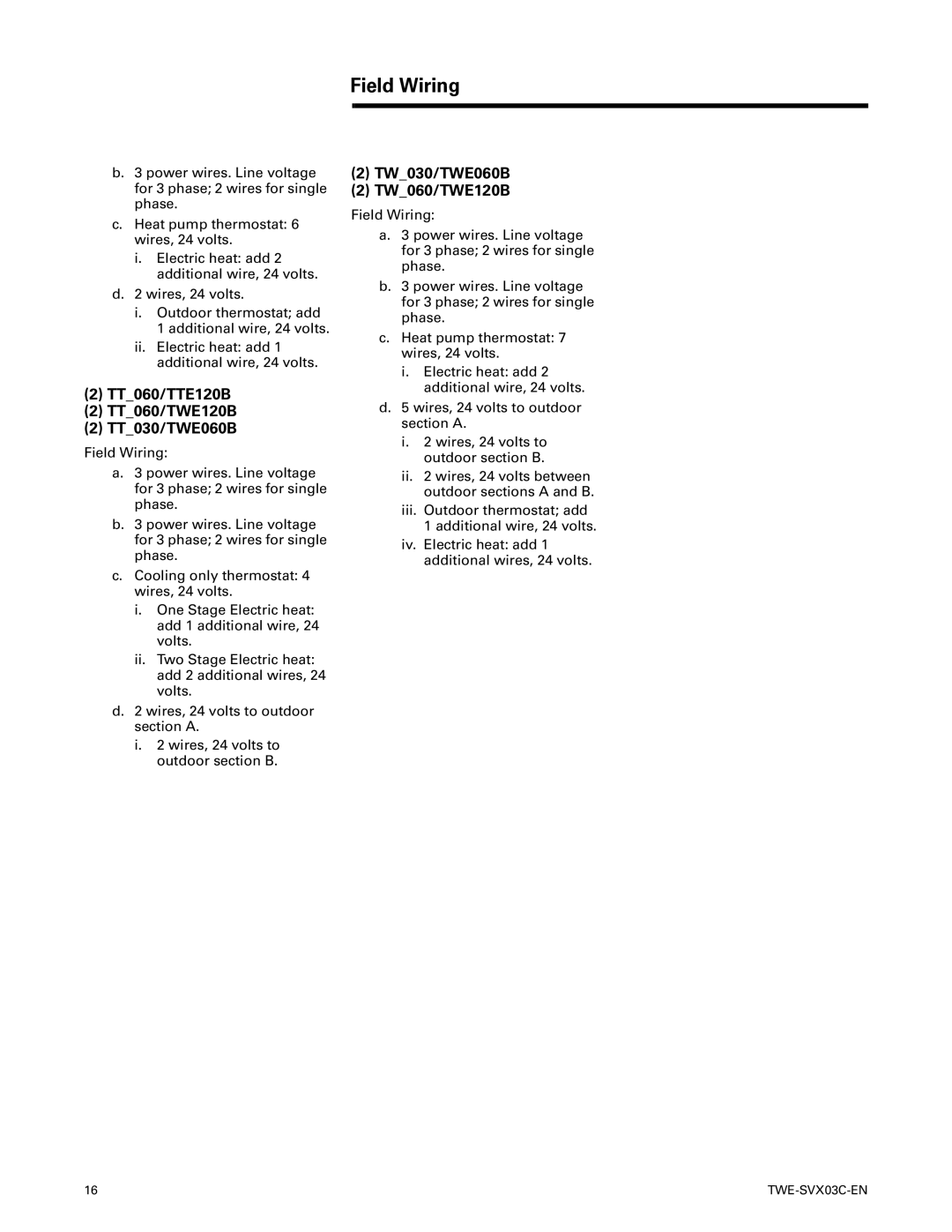 American Standard TWE200BD**F, TWE240B***F manual TT060/TTE120B TT060/TWE120B TT030/TWE060B, TW030/TWE060B TW060/TWE120B 