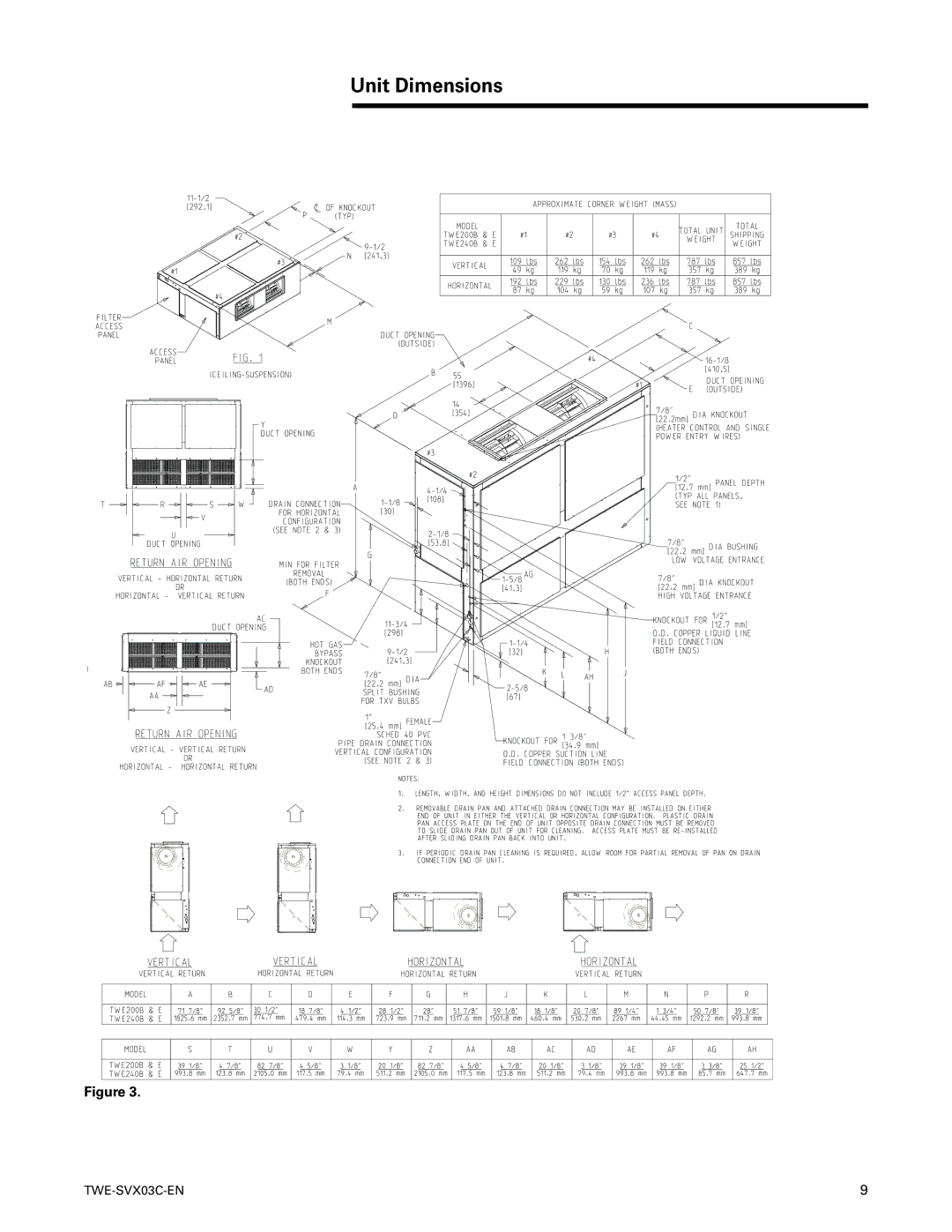 American Standard TWE060A***E, TWE240B***F, TWE200BD**F, TWE180B***E, TWE155BD**E, TWE090B***E, TWE120A***F Unit Dimensions 