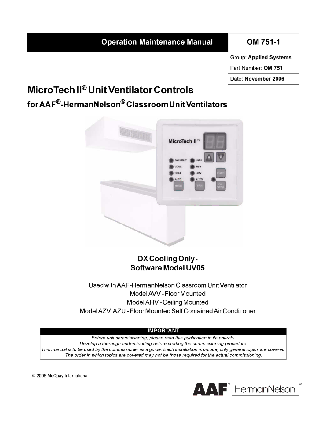 American Standard manual DX Cooling Only Software Model UV05, Group Applied Systems, Date November 