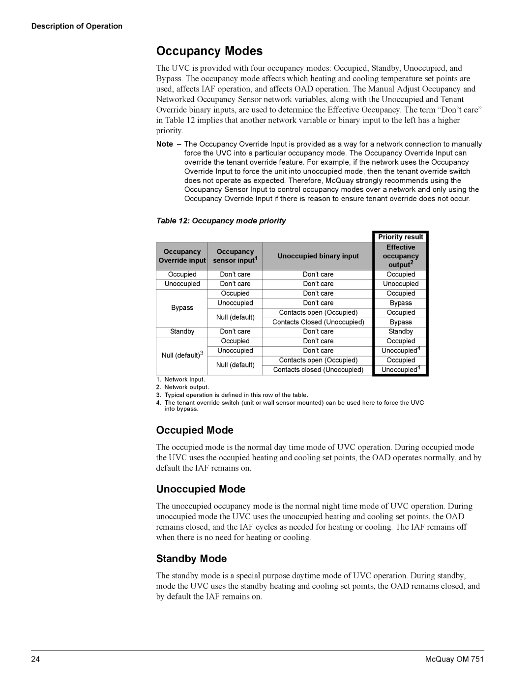 American Standard UV05 manual Occupancy Modes, Occupied Mode, Unoccupied Mode, Standby Mode, Occupancy mode priority 