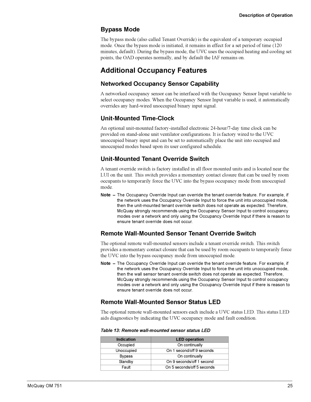 American Standard UV05 manual Additional Occupancy Features 